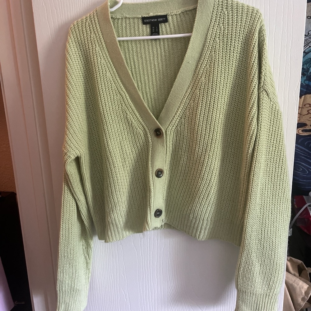 Green Ribbed Knit Cropped Cardigan Sweater